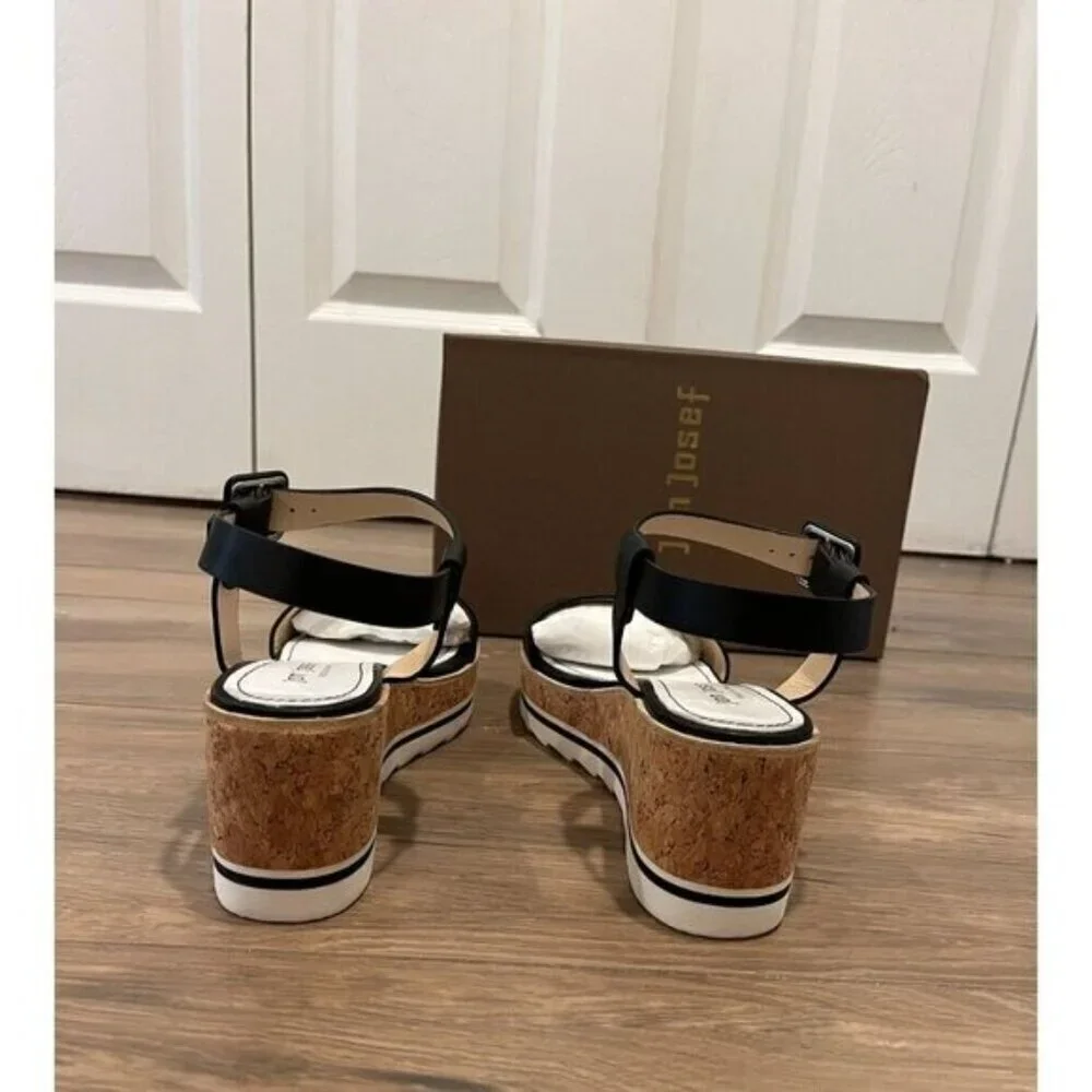 NWT Anthropologie Jon Josef Black Leather Cork Wedge Sandals Size 9